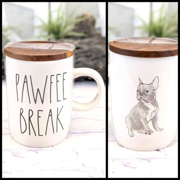 Rae Dunn PAWFEE BREAK Double-Sided Ceramic Mug with Embossed Wooden Lid - Picture 1 of 9